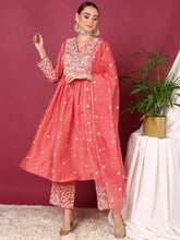 Women Pink Silk Blend Solid Yoke Design Anarkali Kurta Palazzos With Dupatta